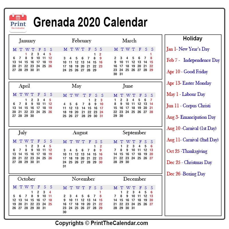 Grenada Calendar 2020 with Grenada Public Holidays